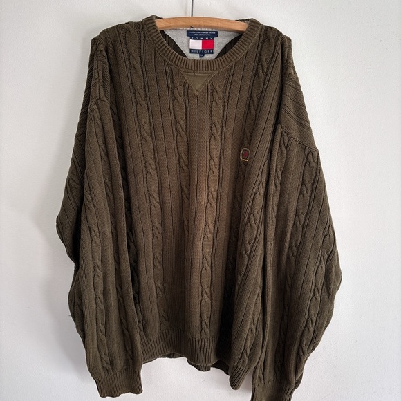 Vintage TOMMY Hilfiger knit sweater kahki green large heavyweight - Picture 1 of 4